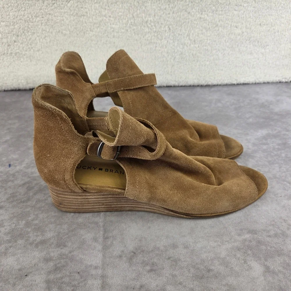 Lucky Brand Suede Peep Toe Wedge Sandals Tan Ankle Wrap Boho S1963